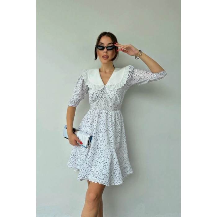 Beyaz Puantiyeli Önlük Yaka Elbise