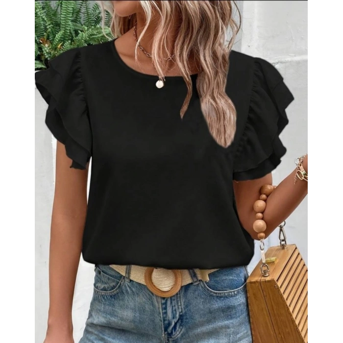 Bisiklet Yaka Kolları Volanlı İthal Krep Bluz