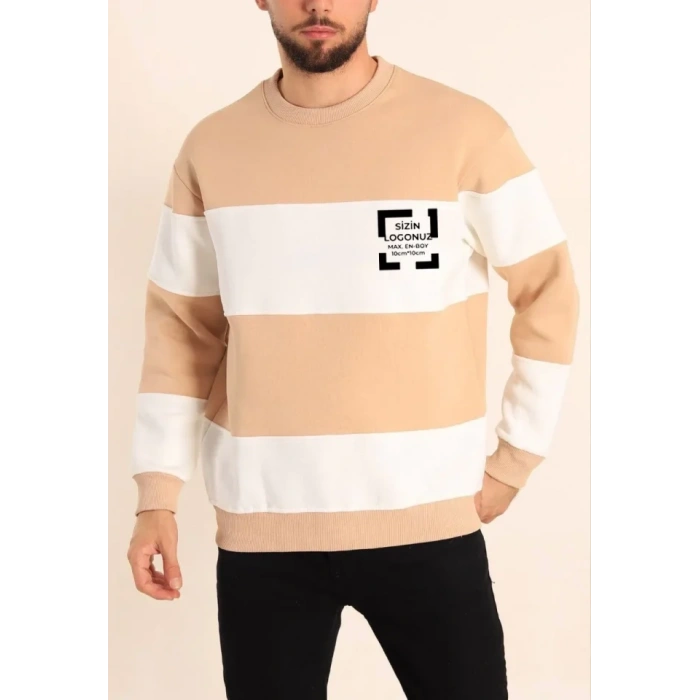 Bisiklet Yaka Parçalı Özel Üretim weatshirt Bej