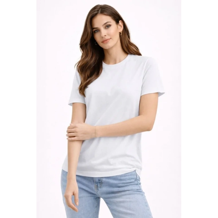 Bisiklet Yaka Tişört Regular Kalıp Basic Pamuklu Günlük Kullanım Tshirt  Beyaz