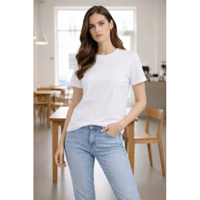 Bisiklet Yaka Tişört Regular Kalıp Basic Pamuklu Günlük Kullanım Tshirt  Beyaz