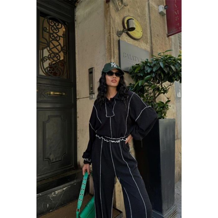 BİYELİ BLUZ PANTOLON TAKI ŞÖNİL KUAŞ  iyah