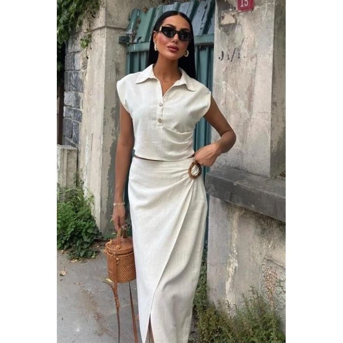 Bluzu Büzgülü Ve Eteği Tokalı Keten Takım 10204