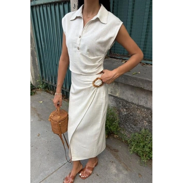 Bluzu Büzgülü Ve Eteği Tokalı Keten Takım 10204