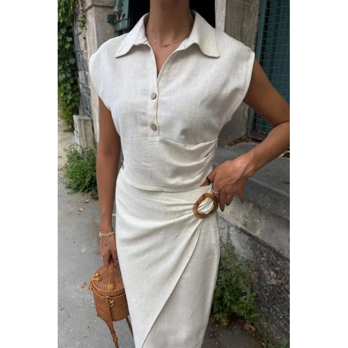 Bluzu Büzgülü Ve Eteği Tokalı Keten Takım 10204