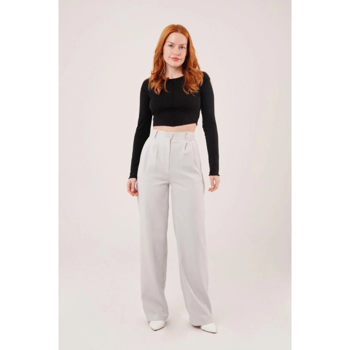 Bol Paça Piliseli Gri Pantolon