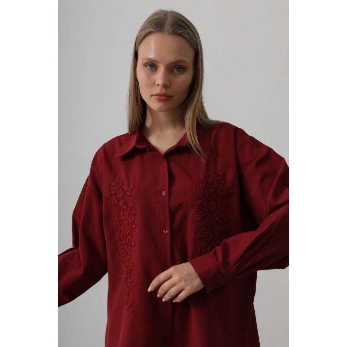 Boncuk Nakış Detaylı Uzun Gömlek  Bordo