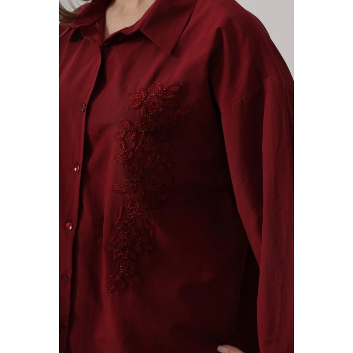 Boncuk Nakış Detaylı Uzun Gömlek  Bordo