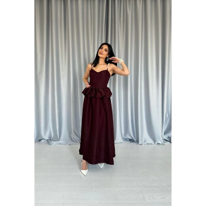 Bordo Beli Büzgülü İnci Askılı Uzun Elbise
