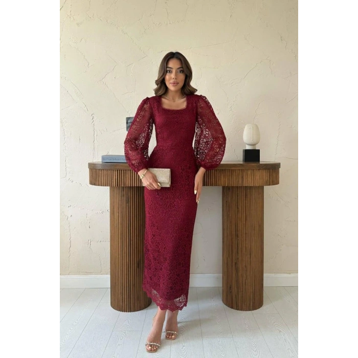Bordo Güpür Detaylı Dantel Elbise