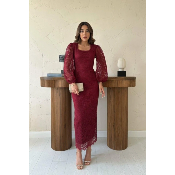 Bordo Güpür Detaylı Dantel Elbise