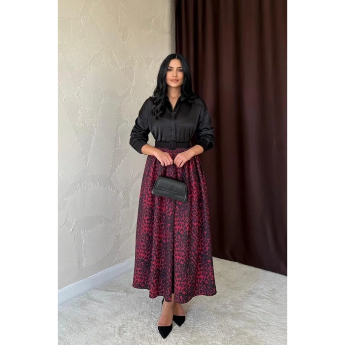 Bordo Leopar Büzgülü Uzun Etek