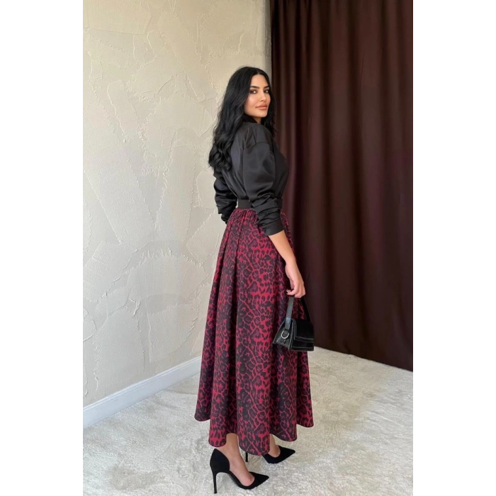 Bordo Leopar Büzgülü Uzun Etek