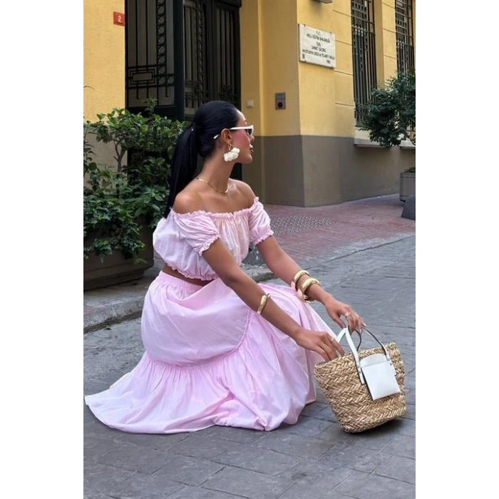 Büzgülü Crop Kat Detaylı Fırfır Etekli Takım 10196