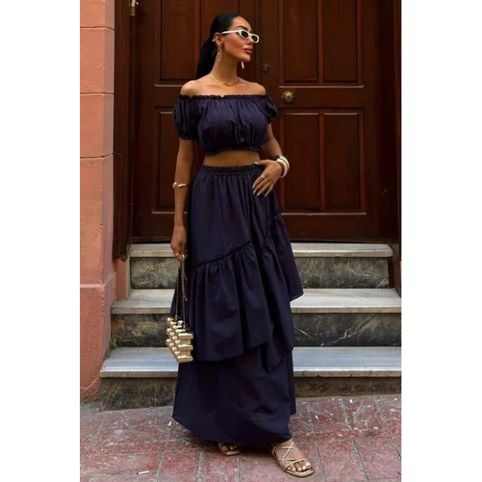 Büzgülü Crop Kat Detaylı Fırfır Etekli Takım 10196