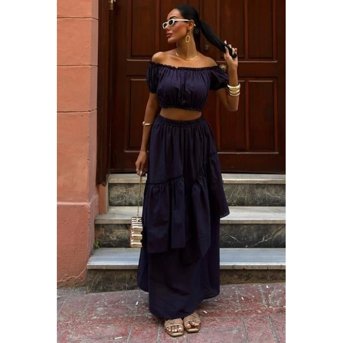 Büzgülü Crop Kat Detaylı Fırfır Etekli Takım 10196