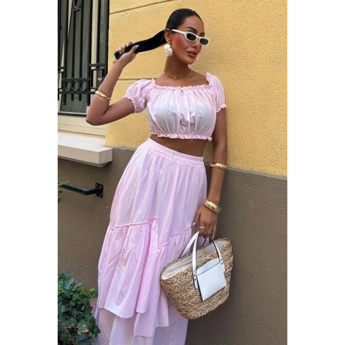 Büzgülü Crop Kat Detaylı Fırfır Etekli Takım 10196