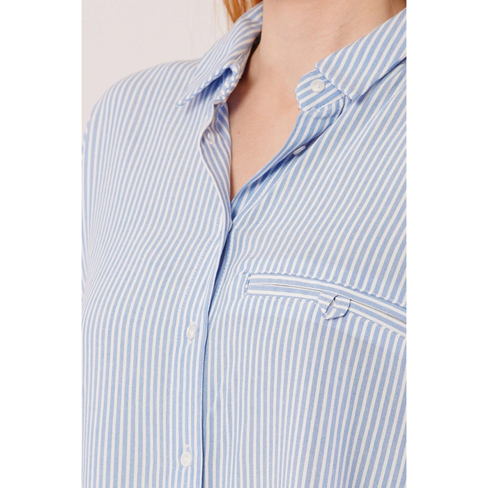 Cep Detay Çizgili Oversize avi Gömlek