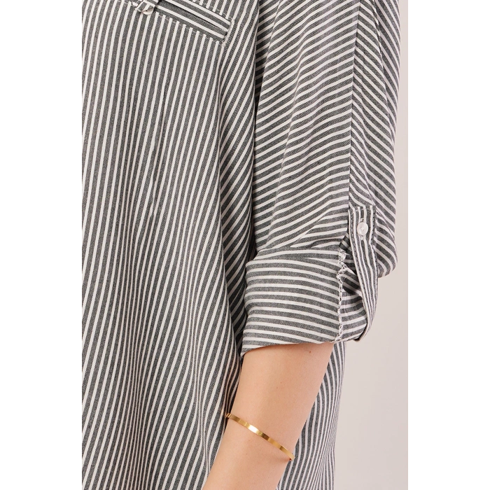 Cep Detay Çizgili Oversize Gri Gömlek