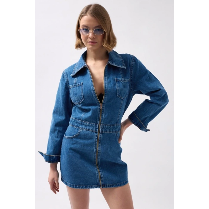 Cep Detaylı Fermuarlı Denim Elbise