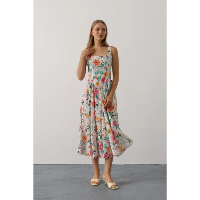 Çiçek Desenli Askılı Elbise  Pembe Çiçek