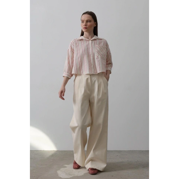 Çift Pileli Palazzo Pantolon  Natür