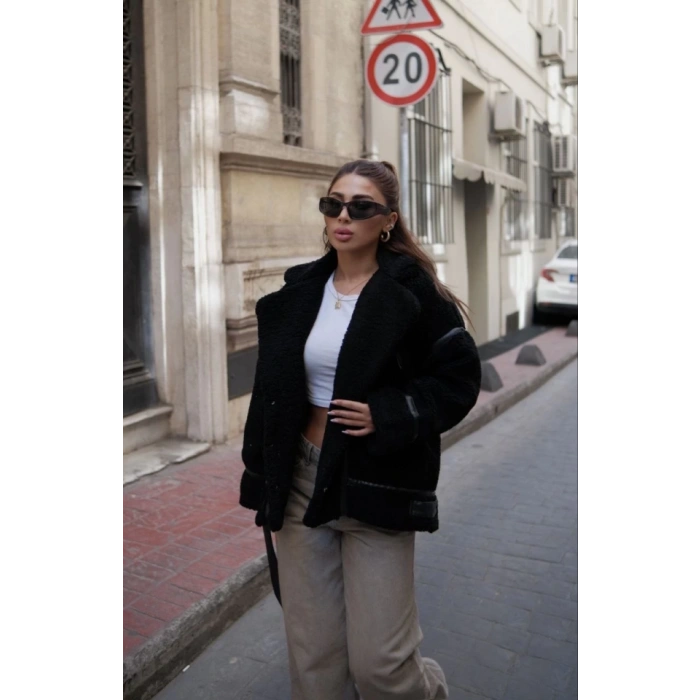 Cıt Cıt Detaylı Peluş Mont Ceket  iyah