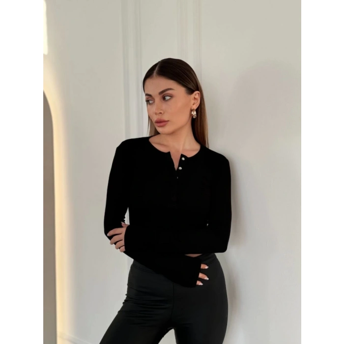 Cıt Cıt Detaylı Uzun Kollu Crop  iyah