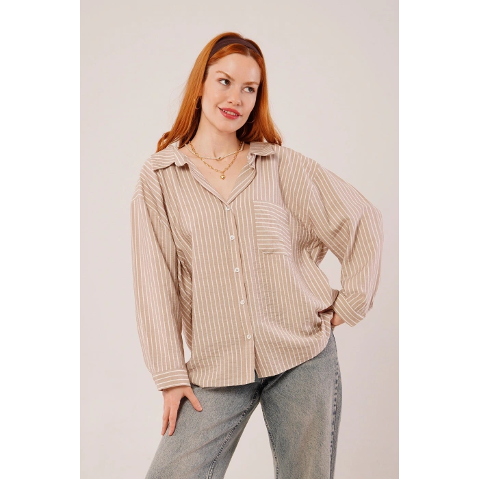 Çizgi Detaylı Cepli Camel Gömlek