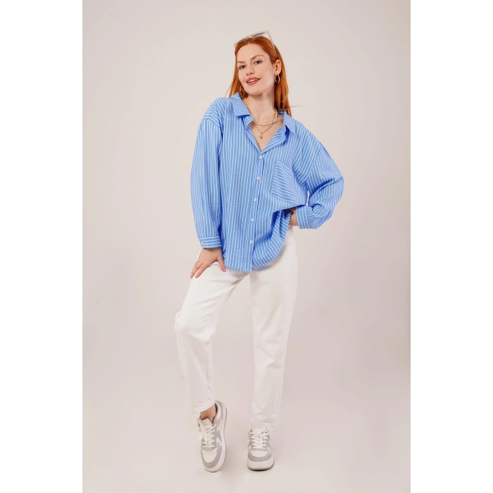 Çizgi Detaylı Cepli Mavi Gömlek