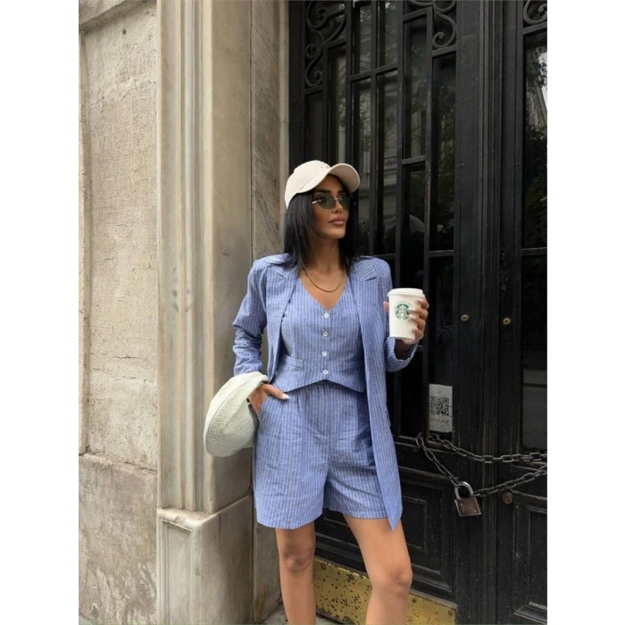 ÇİZGİİ KETEN CEKET YEEK ŞORT TK  Mavi