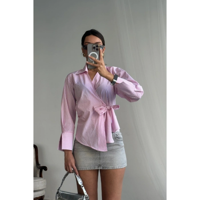 ÇİZGİİ POPİN KRUVAZE BAĞAMAI GÖMEK  Pembe