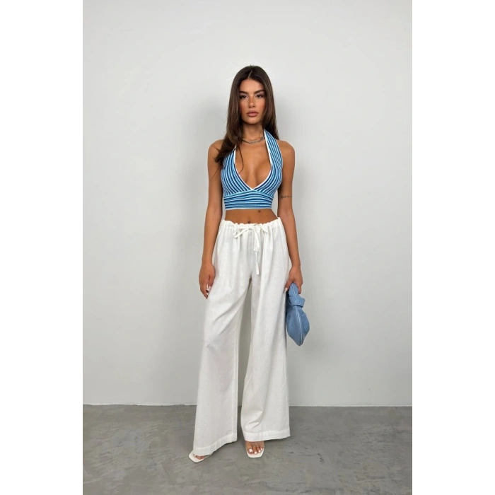 Çizgili Boyun Bağlamalı Crop