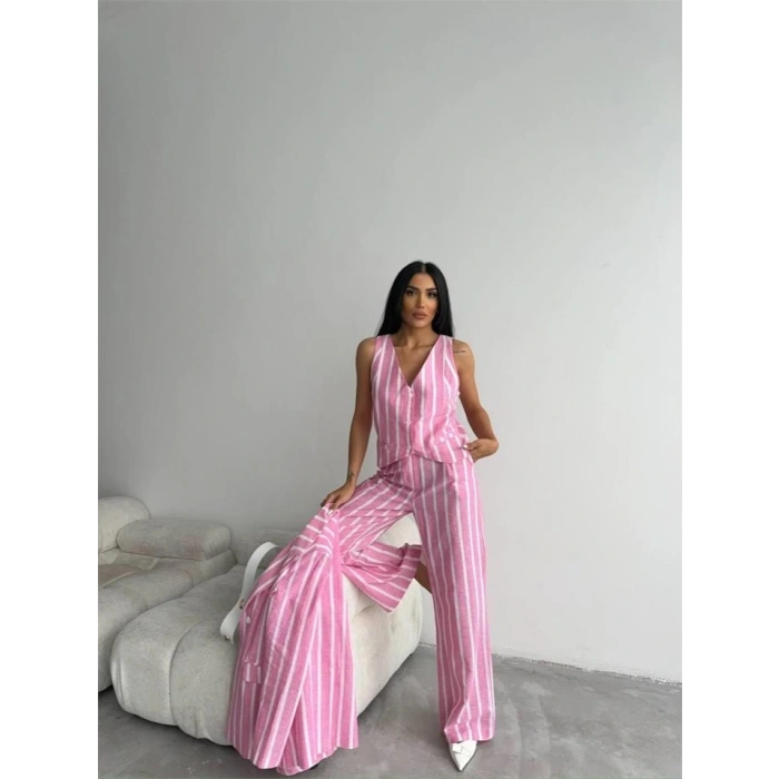 ÇİZGİLİ CEKET KETEN  Pembe