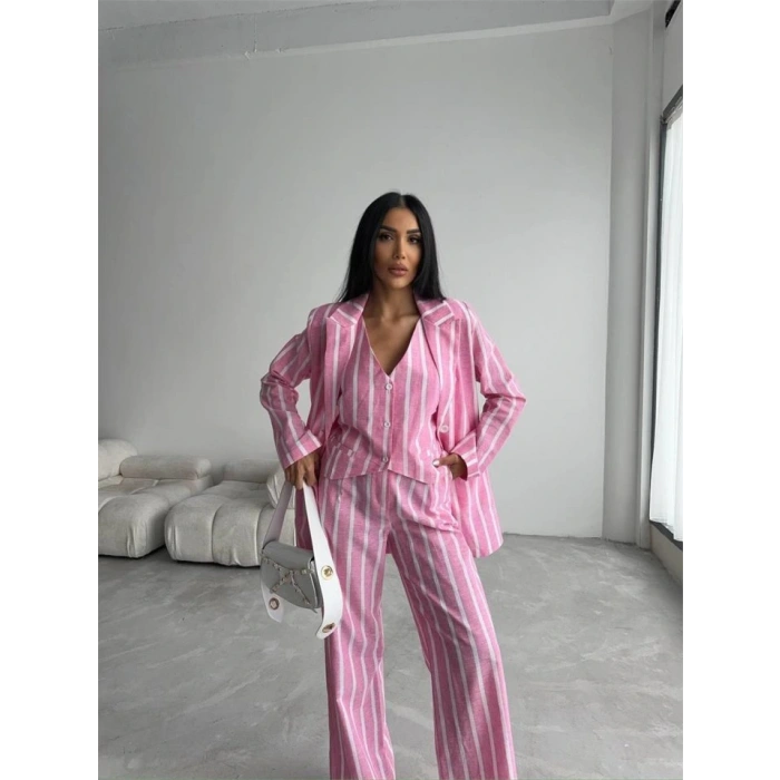 ÇİZGİLİ CEKET KETEN  Pembe