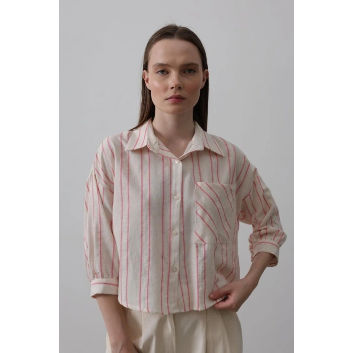 Çizgili Kısa Gömlek  Bej Pembe