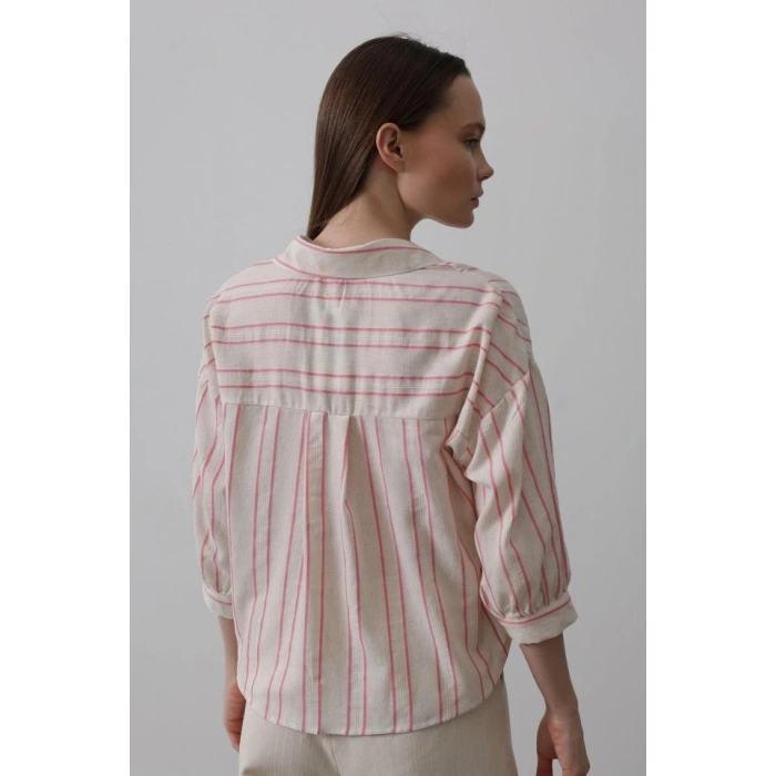 Çizgili Kısa Gömlek  Bej Pembe