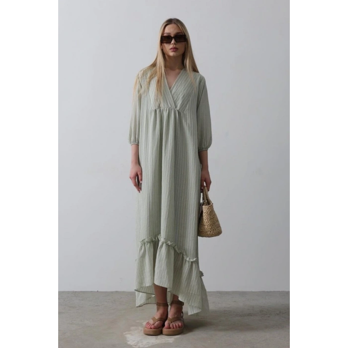 Çizgili Oversize V Yaka Elbise  Haki