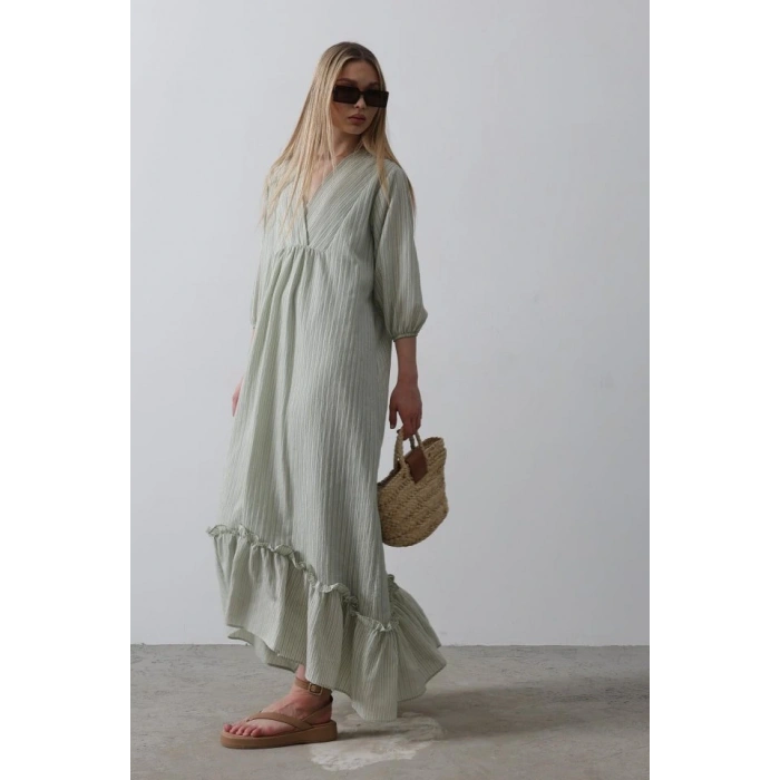 Çizgili Oversize V Yaka Elbise  Haki