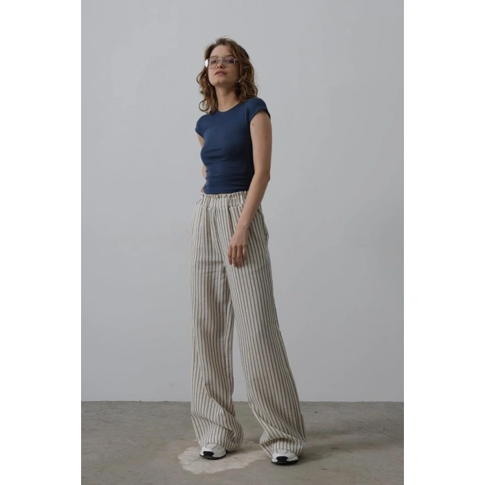 Çizgili Pamuklu astikli Pantolon  Bejacivert