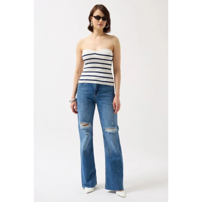 Çizgili traplez Dokulu Bluz