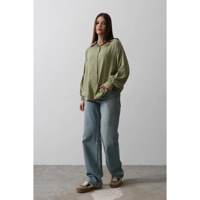 Çizgili Uzun Kol Gömlek  Haki