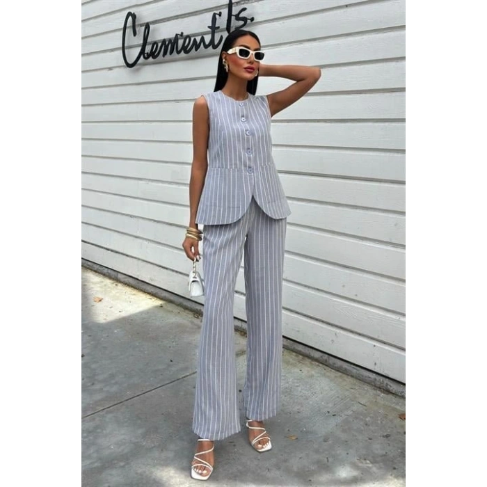 Çizgili Viscon Keten Yelekli Rahat Takım 10121