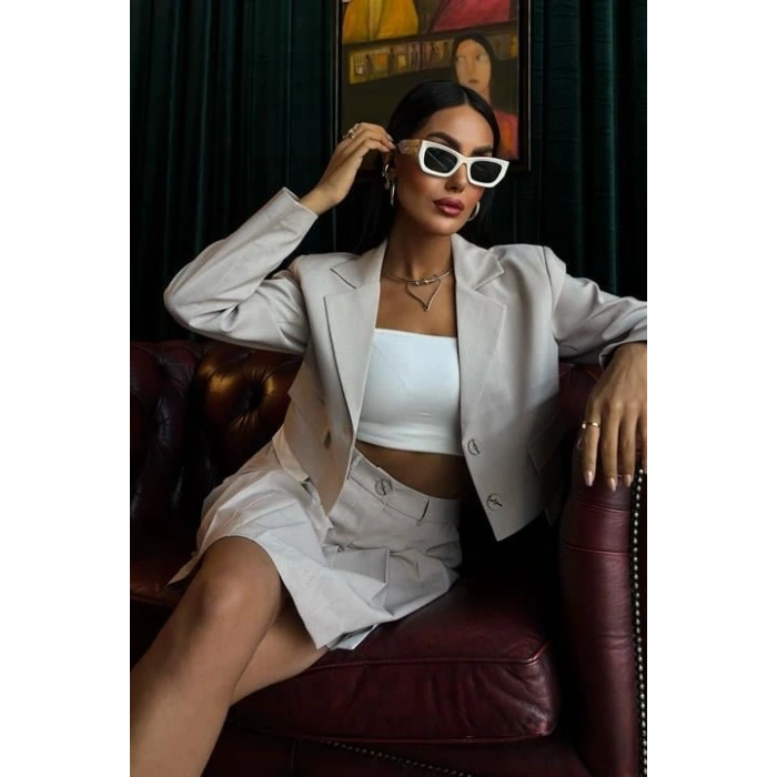 Crop Ceketli Ve Pile Etekli Garnili Takım 10111