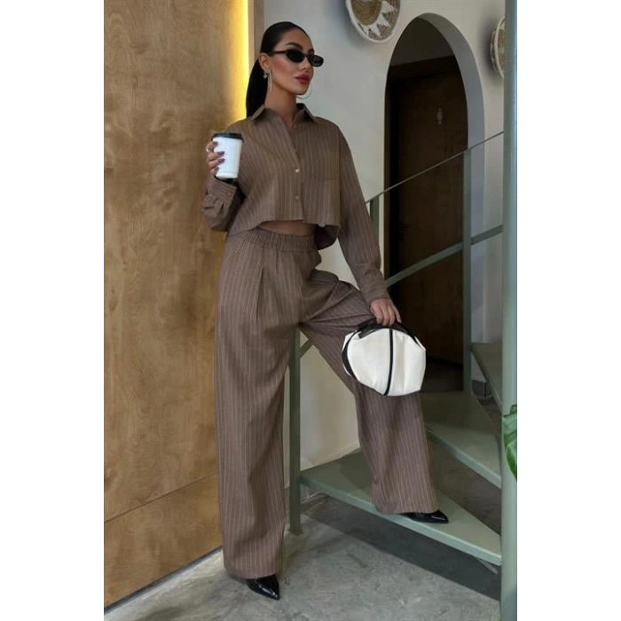 Crop Gömlekli Çizgili Takım 10080