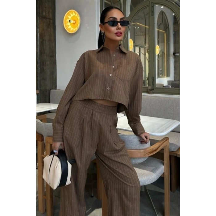 Crop Gömlekli Çizgili Takım 10080