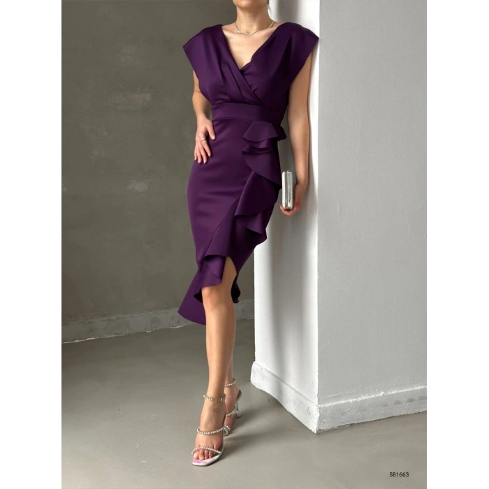 cuba Kumaş Önü Fırfırlı Midi Boy Elbise