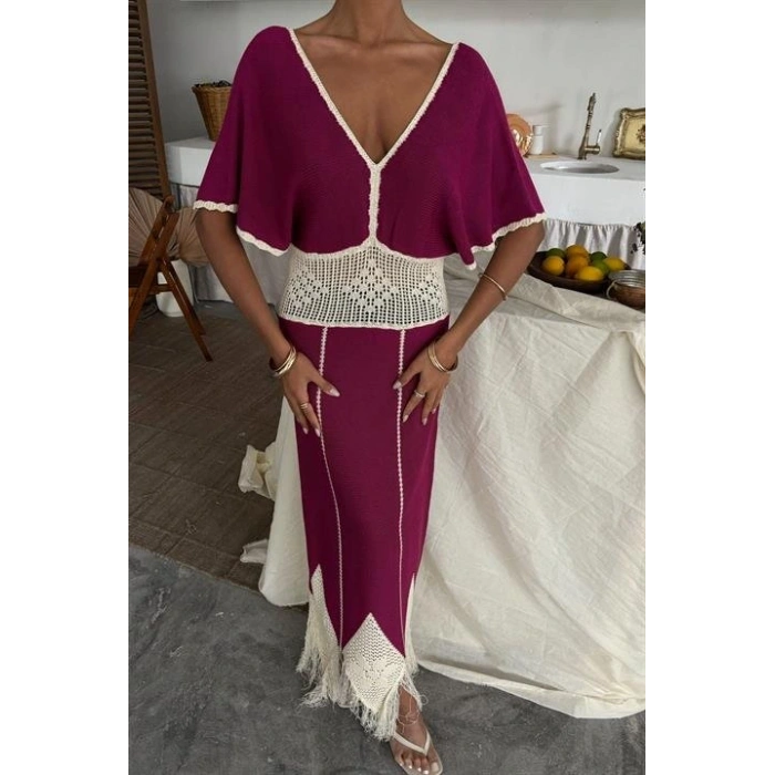 Dantel Desenli V Yaka Triko Elbise 2844