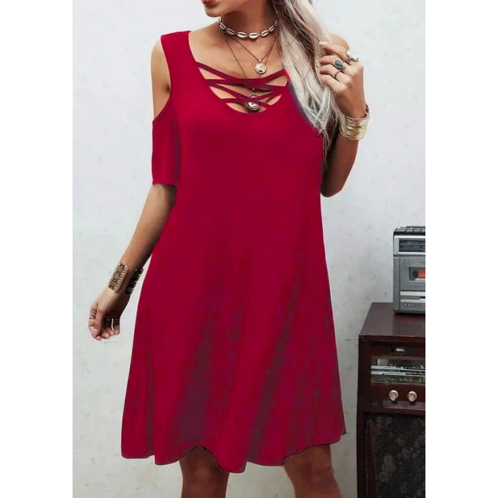 Dekolteli Bağcık Detay Viskon Kumaş Elbise