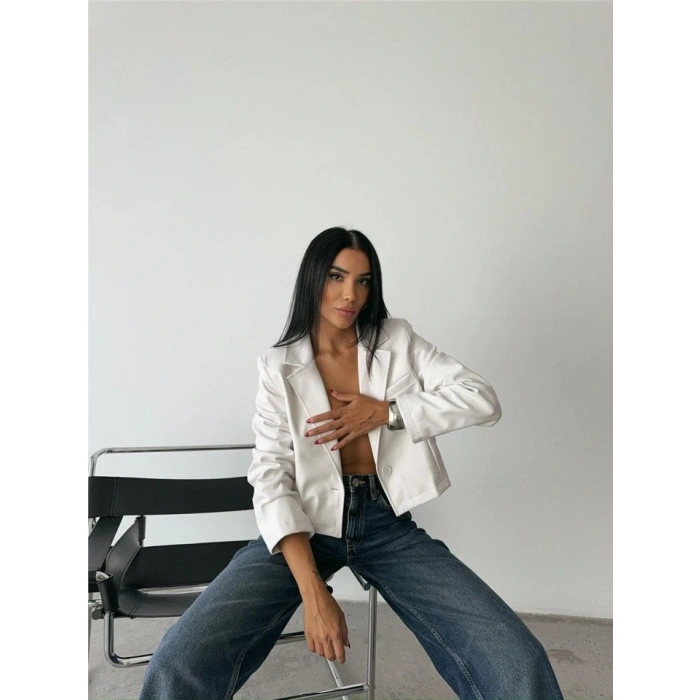 DERİ CROP CEKET TEK DÜĞME  Beyaz